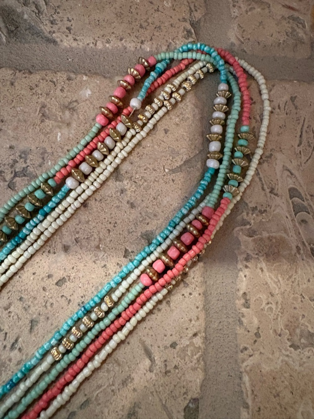 Multi-Strand Pastel Seed Bead Necklace with Gold Accents - Santa Fe New Mexico